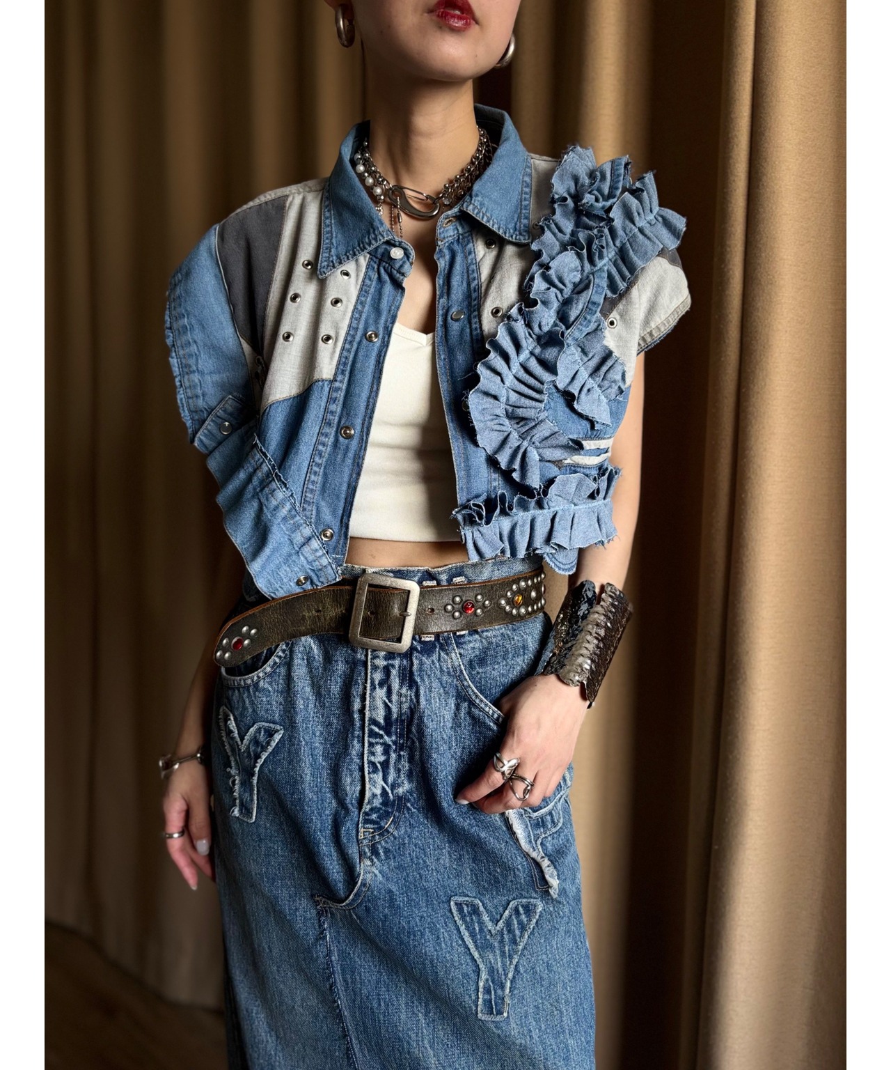 gather frill remake dungaree shirt-4726-5
