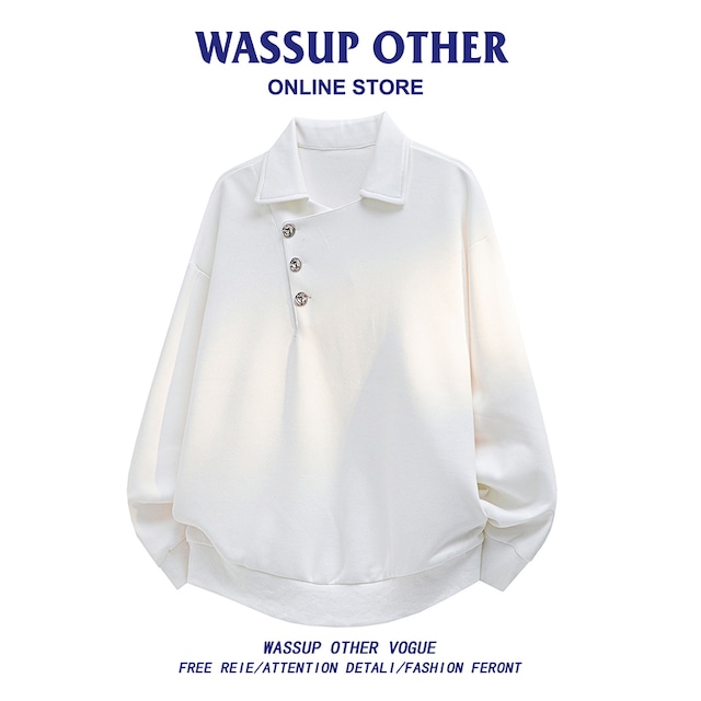 【WSシリーズ】★POLOシャツ★ ユニセックス 3color トップス 長袖 Vネック 黒 白 灰 ボタンデザイン