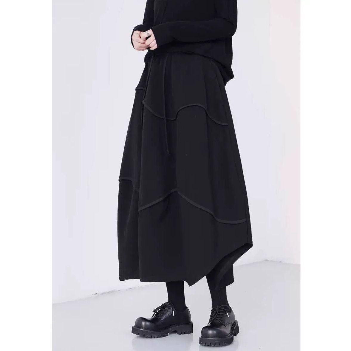 BLACK FLEECE LINING DRAWSTRING WAIST LONG DESIGN SKIRT 1color M-15472