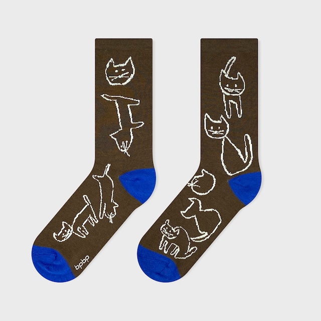 【JIN KITAMURA】北村人 SOCKS SENGA NEKO BROWN 線画のねこ -ブラウン- ソックス