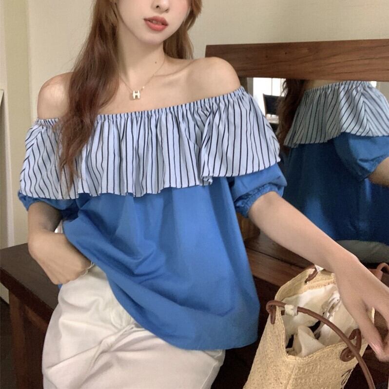 トップス レディース オフショルダー シャツ 肩見せ パフスリーブ 半袖 フリル かわいい 大人可愛い きれいめ シンプル カジュアル 大人 上品 清楚 フェミニン おしゃれ かっこいい 大人女子 ラブリー キュート ガーリー モダン セクシー エレガント 抜け感 存在感 主役級 ストライプ 春 夏 秋 10代 20代 30代 40代 通勤 学生 通学 デート お出かけ 女子会 休日 着回し 普段使い 韓国 コーデ スタイル 合コン 散歩 旅行 爽やか アプリコット ブルー 青 フリーサイズ 送料無料