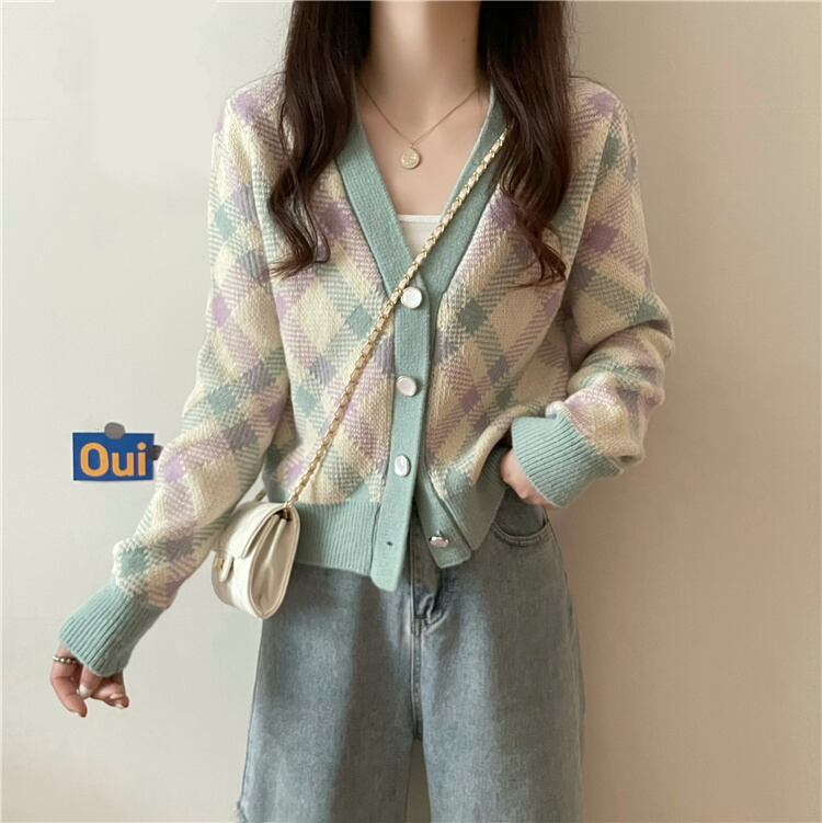 カラー格子柄ニットカーディガンジャケット オータムルーズVネックトップス ロング 秋物 萌量不足64856602020