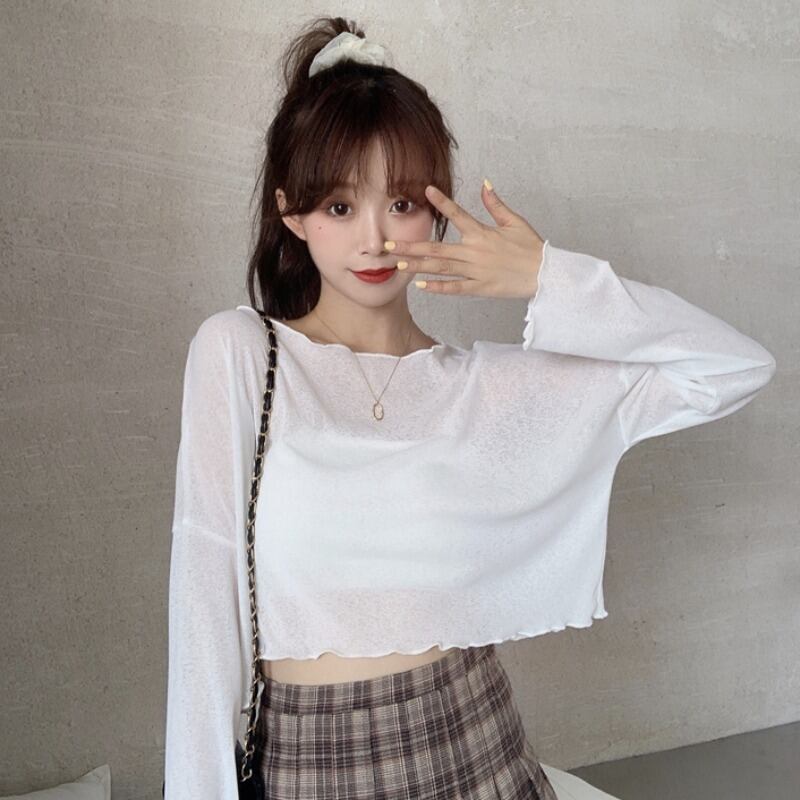 夏バージョン2020新しい怠惰なスタイルの薄い白い木の耳ルーズ長袖日焼け止めシャツTシャツトップ女性 1号婦人91318936602