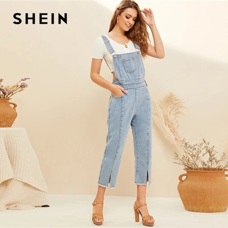 SHEIN ブルーステッチ詳細分割裾デニムパンツ女性ストラップ