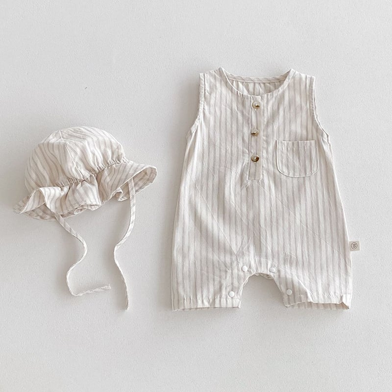 【BABY】夏作定番ストライプノースリーブロンパース&帽子セット