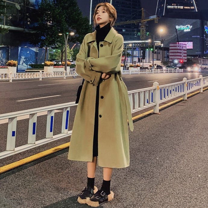 大人 お洒落 エレガント クラシカル ウールコート レディース ロングコートトレンチコート きれいめ グリーン オシャレ ジャケット アウター ハイエスト シングルブレスト 襟付き ポケット ボタン セクシー カジュアル ウエスト マーク ベルト スタイルアップ 脚長効果