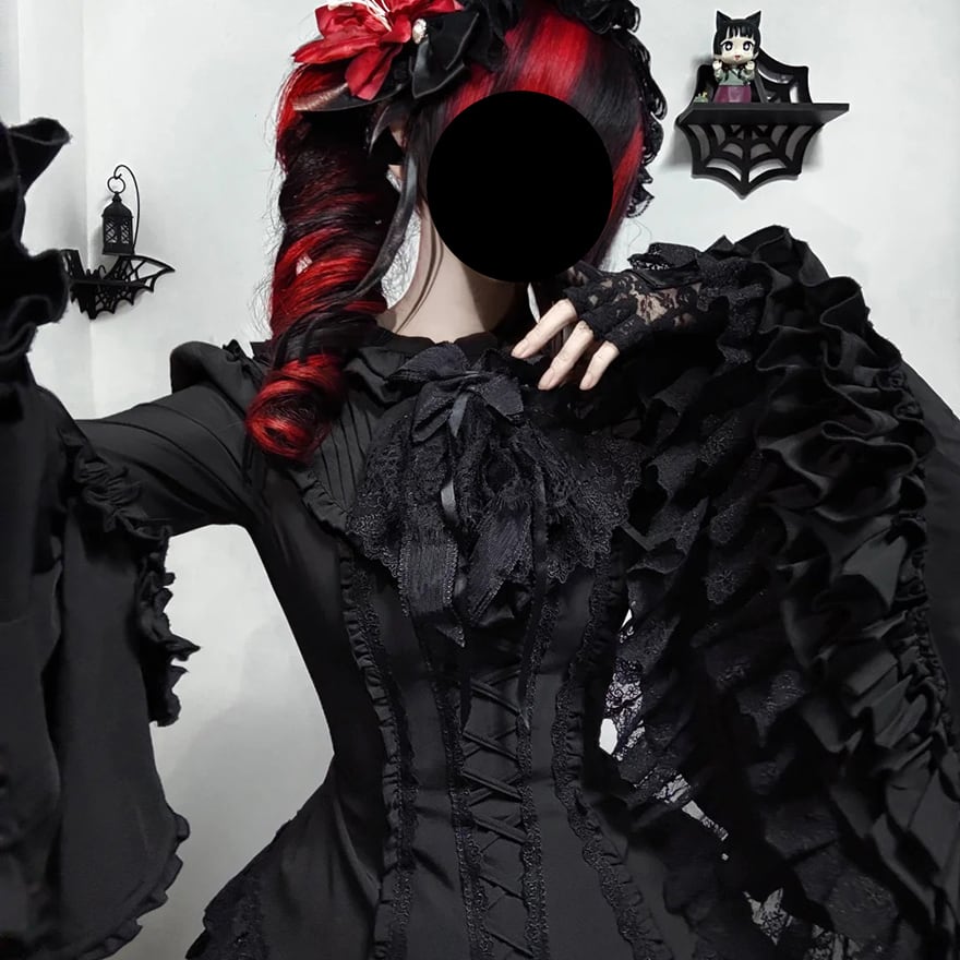 ゴスロリ 姫袖シャツ 黒シャツ ネックリボン付き レースアップ フリル
