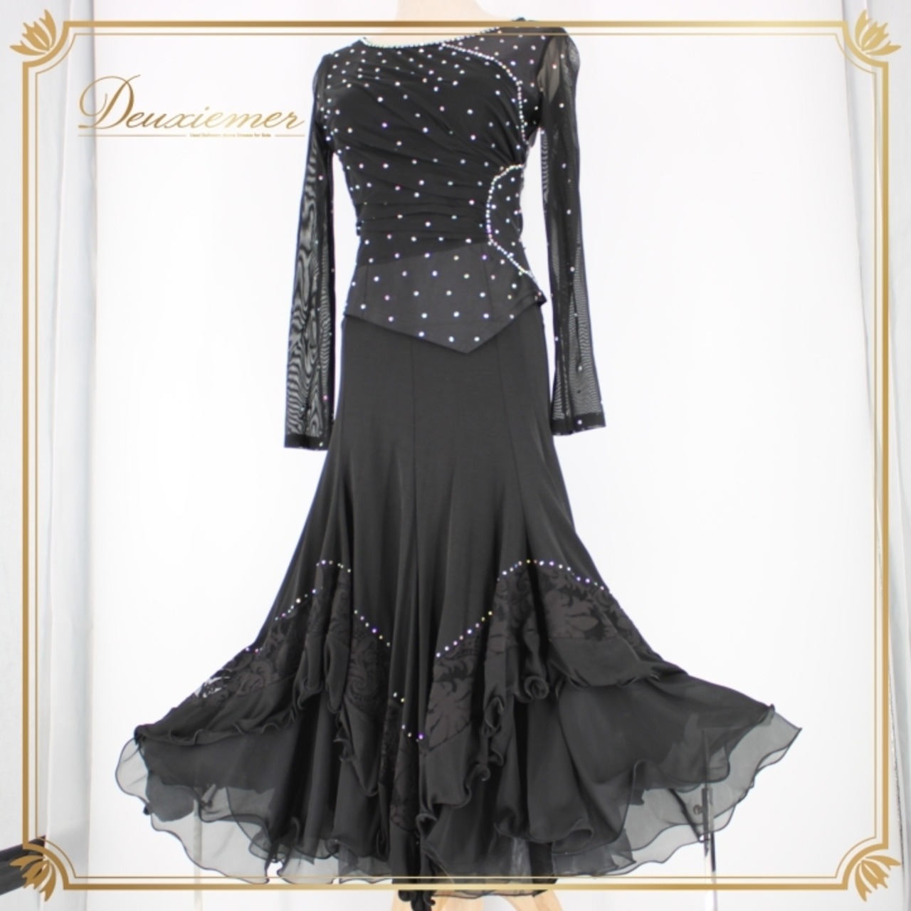 社交ダンス 衣装 スタンダード 上下セット ツーピース レッスンウェア パーティ衣装 黒 ブラック系 モノトーン ラインストーン 伸縮性 有り おしゃれ 上品 シック 大人用 フォーマル ダンス 発表会 講習会 レッスン 雰囲気 鮮やか スタイリッシュ ボディライン活かす