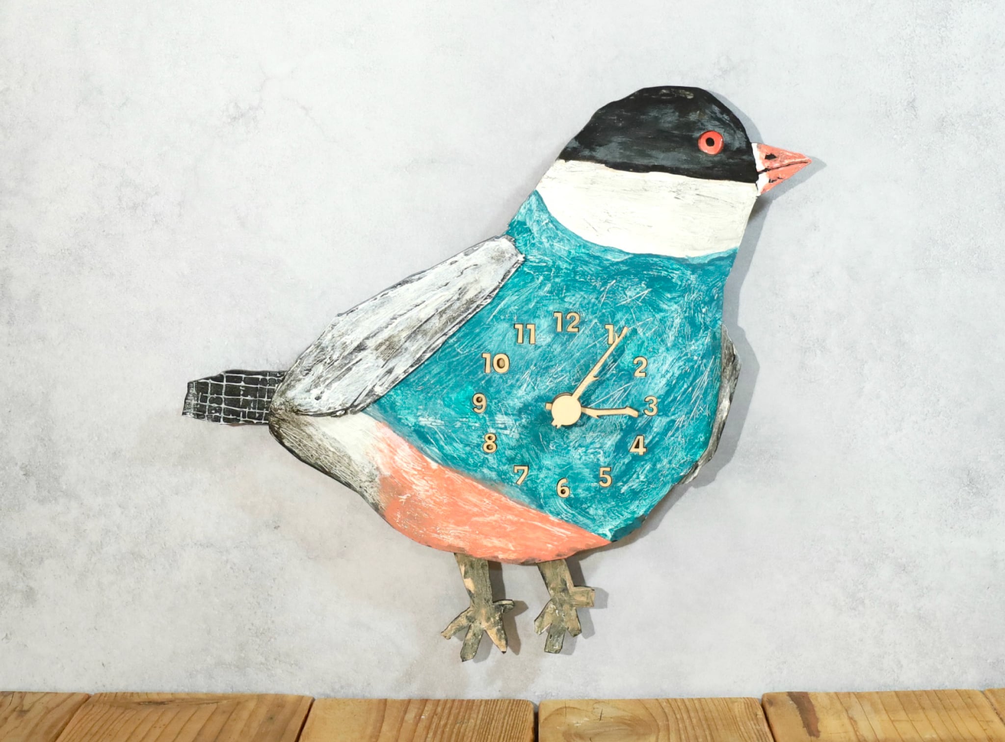 シャビーシックな文鳥 ターコイズブルー × フロリダピンク レギュラーサイズ 時計 木製 掛け時計