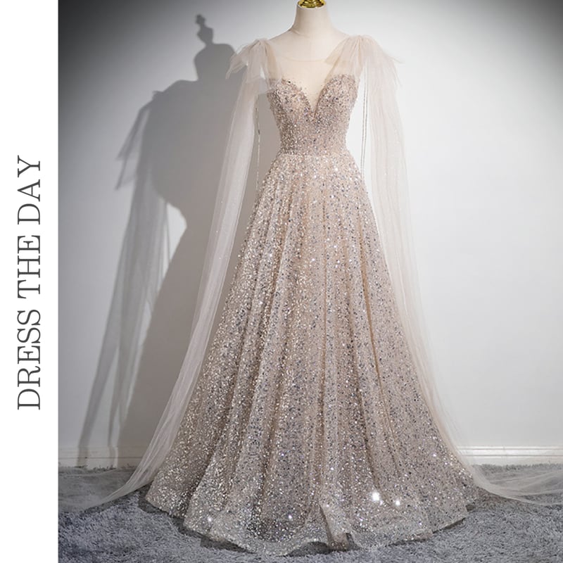 チュールリボンスパンコールマキシドレス D0174