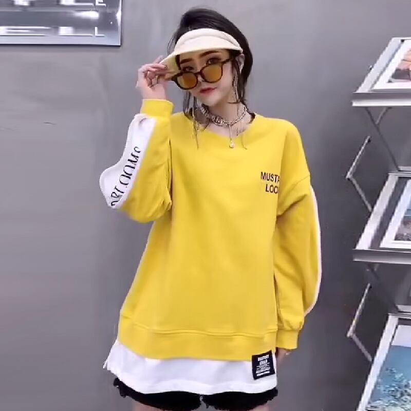 スプリングサマーカラーシャツ ルーズラウンドネック長袖スリーブジッパーセーター ロング 大きめサイズ 春物 夏物 Oネック ステッチ ミックスインファッション74990466099