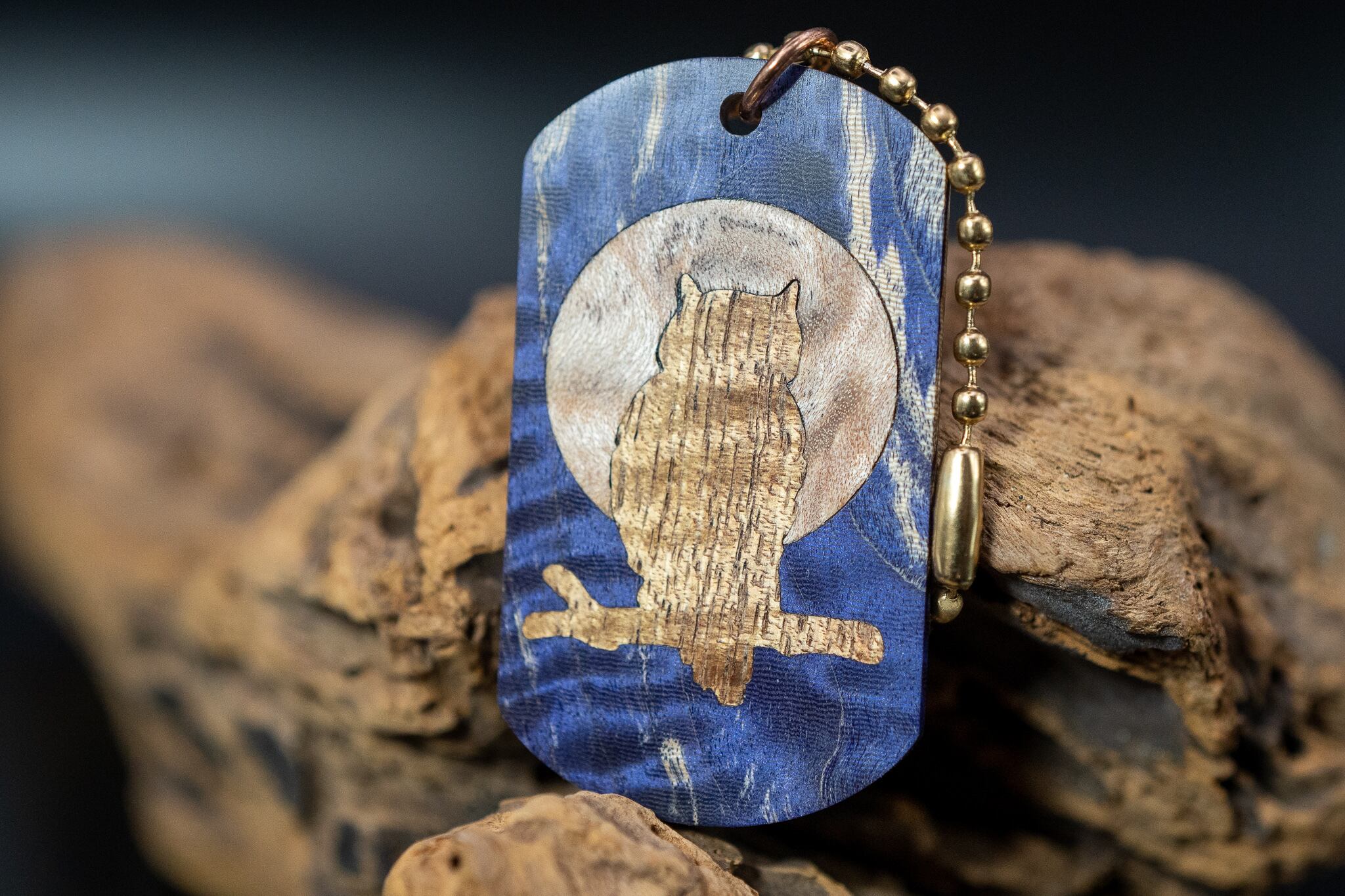 【朧パープル】 スタビライズウッド 栃 ドッグタグ 象嵌 夜とミミズク