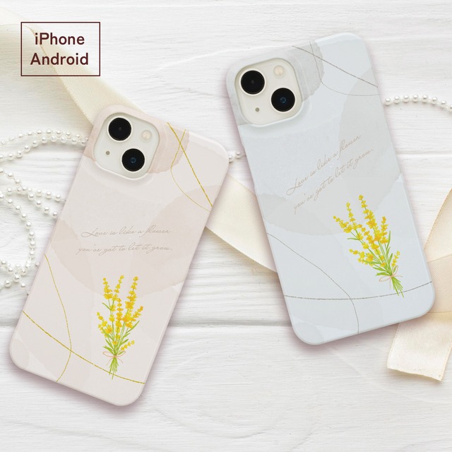送料無料 iPhone/Android ミモザの花束の選べるスマホケース 強化ガラス・グリップ・バンパー・カード収納・ストラップ他