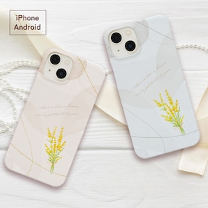 送料無料 iPhone/Android ミモザの花束の選べるスマホケース 強化ガラス・グリップ・バンパー・カード収納・ストラップ他