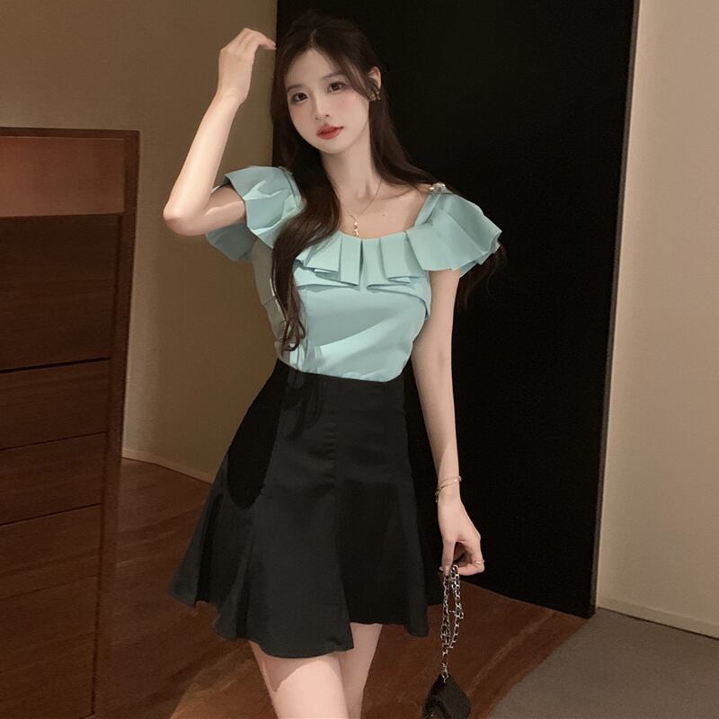 サマーシャツ トップス ハイウェストウェストプリーツスカート 大人ガーリー スウィート キュート カジュアル 夏物 ハンチェンe88029879482