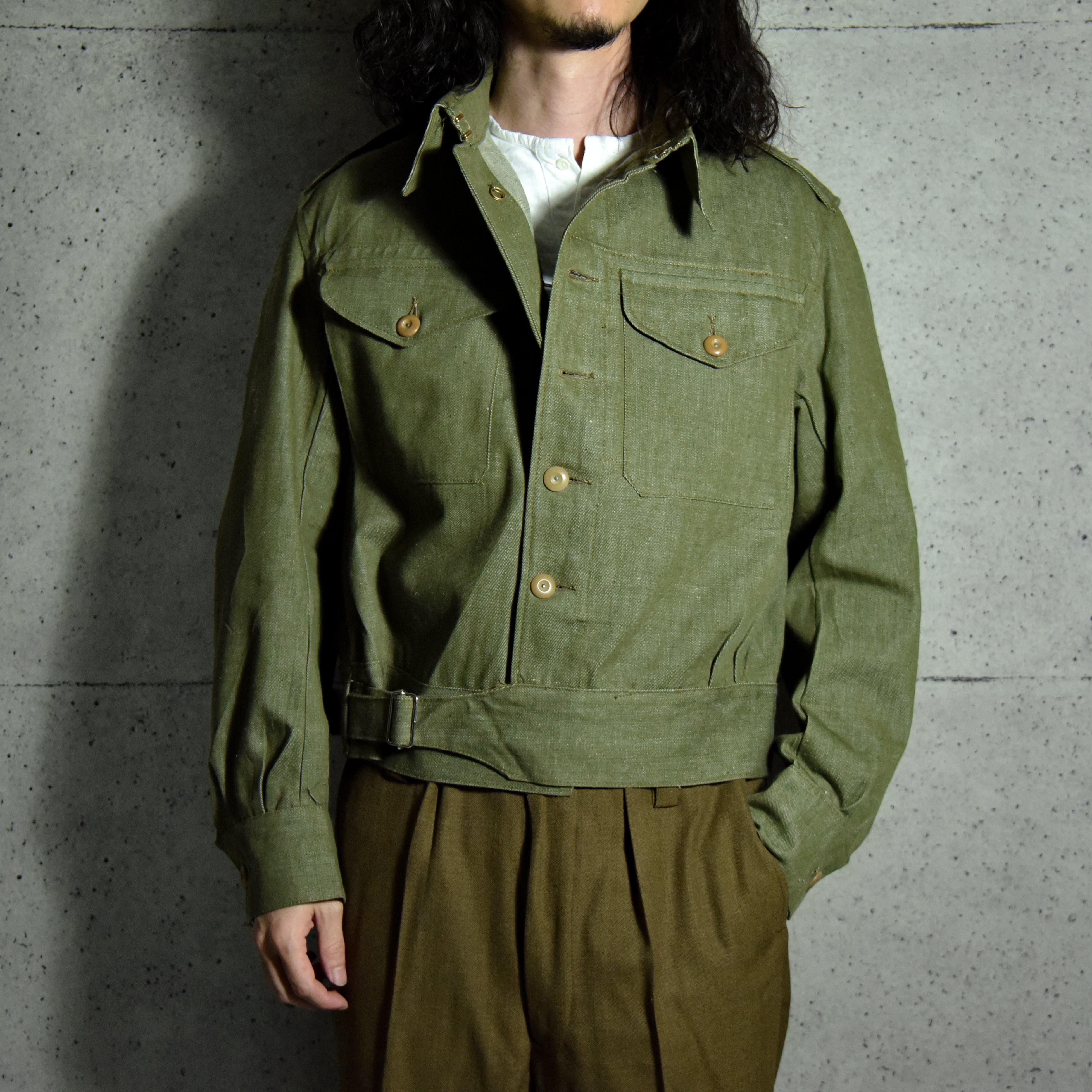 DEAD STOCK】50s British Army Green Denim Battle Dress Jacket イギリス軍 グリーンデニム  バトルドレスジャケット | mark & collars (マークアンドカラーズ)