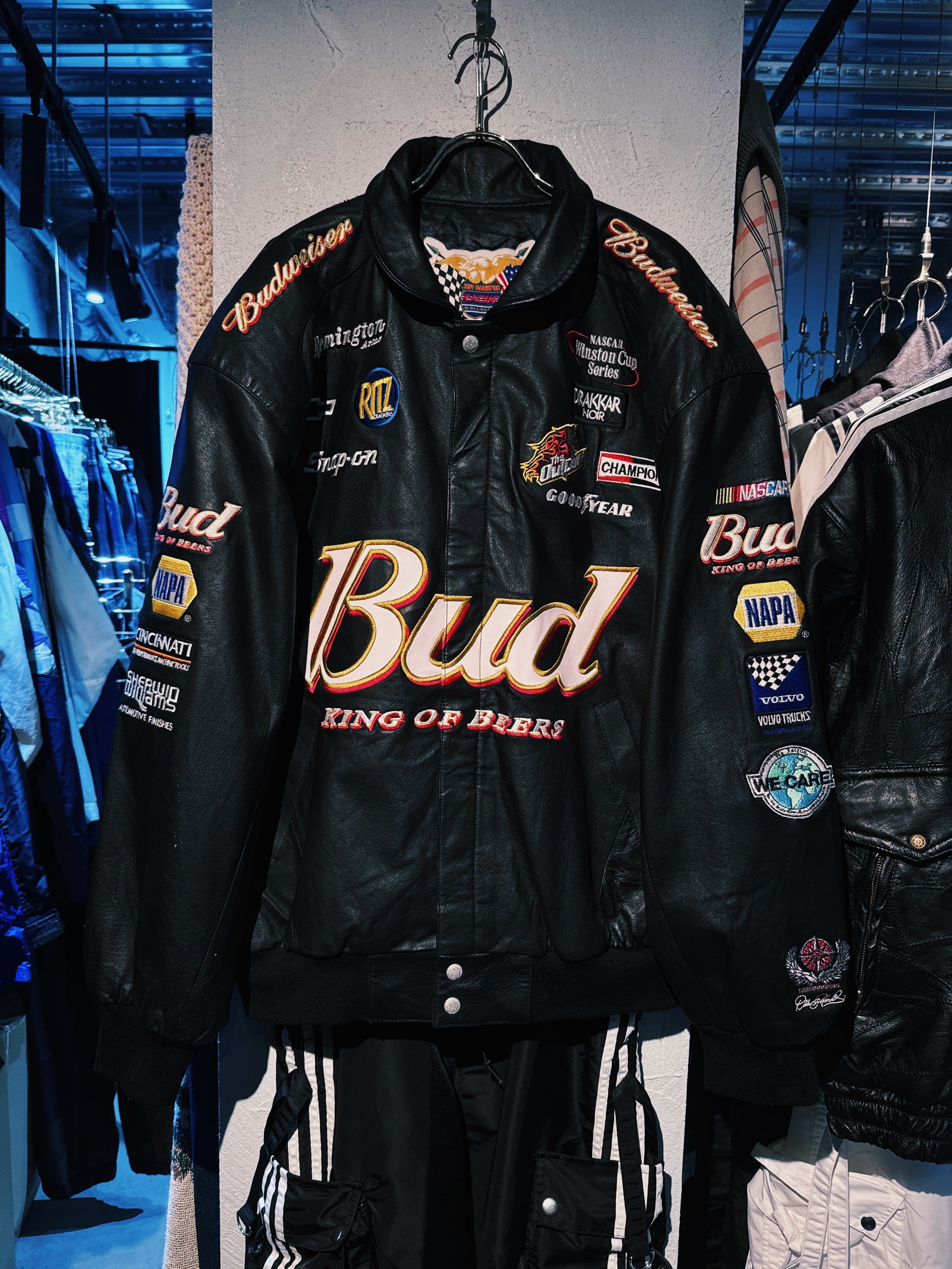 【D4C】vintage graphic company wappen&embroidery "Budweiser"Racing full leather jacket