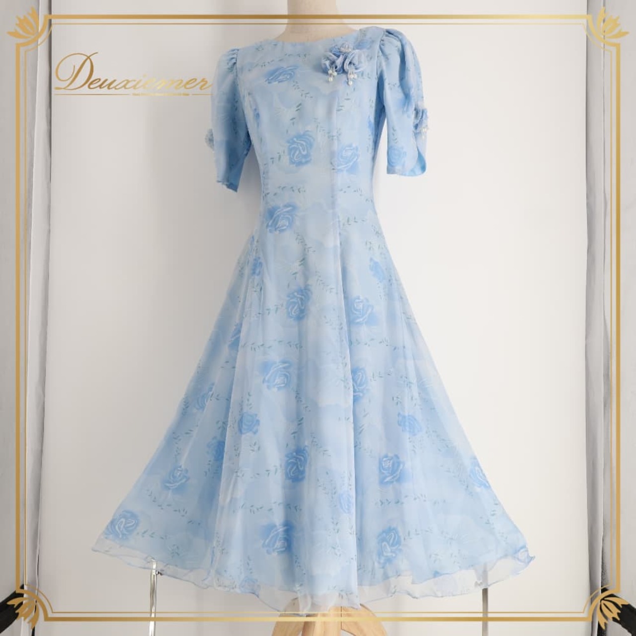 社交ダンス 衣装 ドレス スワンピース ブルー系 花 花柄 青 水色 白 透け感 かわいい 上品 淡い 華やか ダンス衣装 イベント ステージ パーティー おしゃれ フェミニン レディース 練習 レッスン ホワイト系