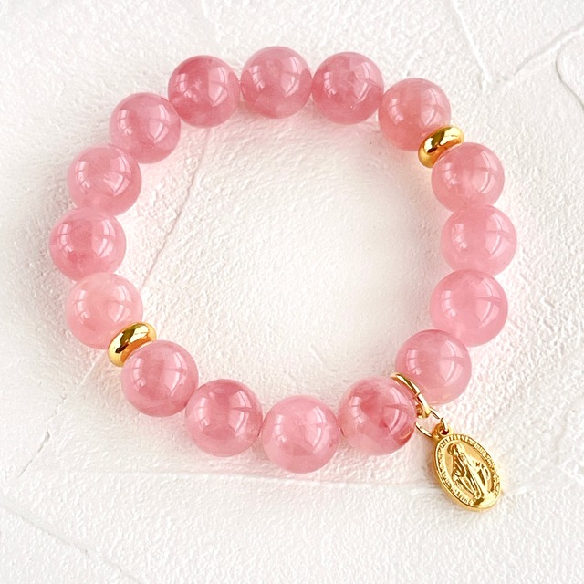 ディープローズクォーツ11mm✧不思議のメダイ✧チャームブレスレット✧シンプルブレスレット✧