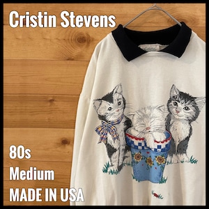 【Cristin Stevens】80s USA製 襟付き プリントスウェット トレーナー 子猫 両面プリントバックプリント M ビンテージ US古着