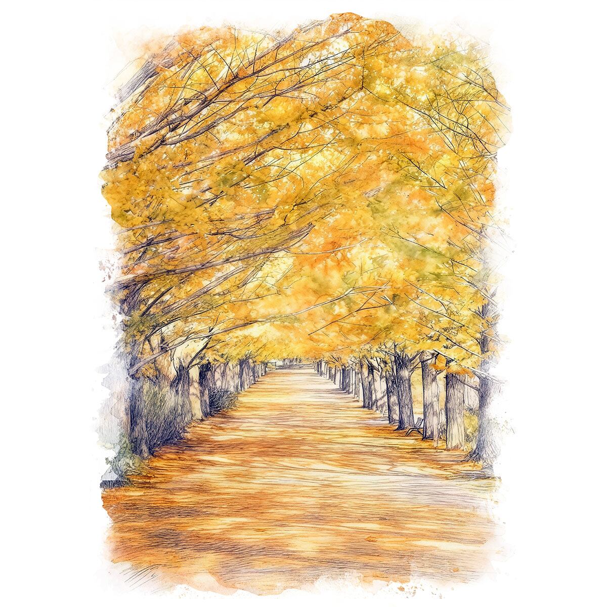 絵画(風景画) 日本 東京都 明治神宮外苑のイチョウ並木 インテリアアート額付き 水彩画・油絵調 WAT1208