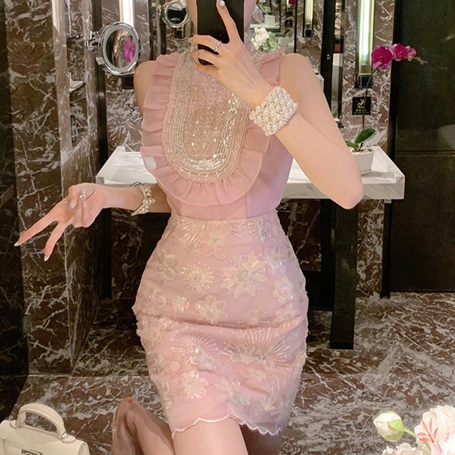 【Airi Styleシリーズ】セットアップ パーティー セクシー ノースリーブ スパンコール 蝶結び トップス+スカート ピンク S M L XL