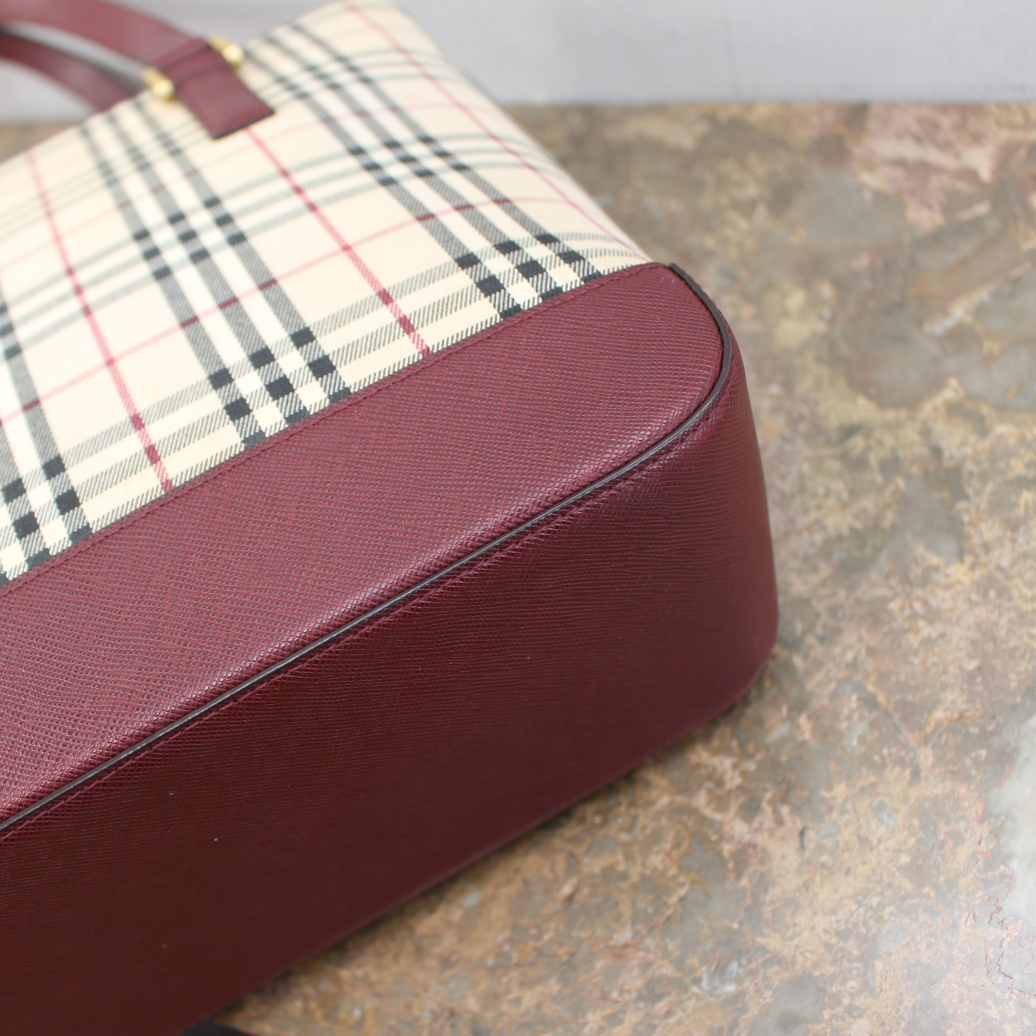 BURBERRY CHECK PATTERNED LOGO COTTON LEATHER TOTE BAG/バーバリー