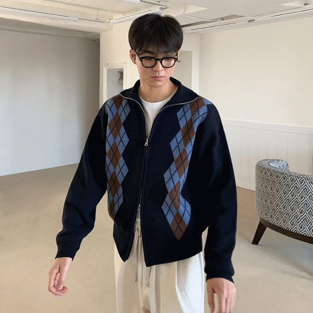 ジッパー付き アーガイル ニット カーディガン トップス セーター メンズファッション 2色 韓国