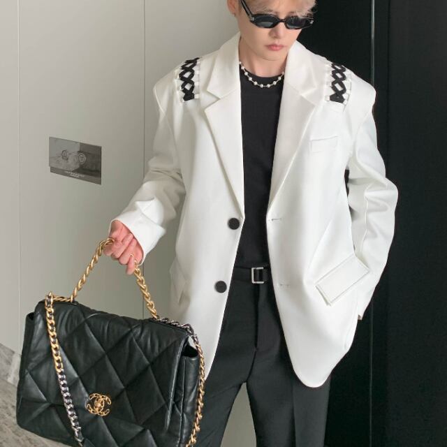 【予約販売】ジャケット 無地 レースアップ バイカラー モード メンズ ブラック ホワイト ドレスアップ シック 結婚式 パーティー こなれ感 お洒落 韓国 トレンド M/L/XL