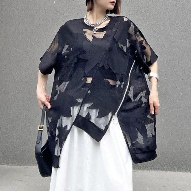 Asymmetric Zipper Sheer Pullover 01338