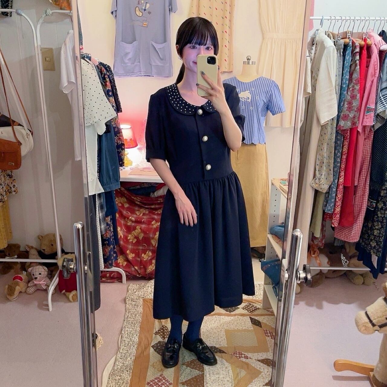 pearl big button gather one-piece
