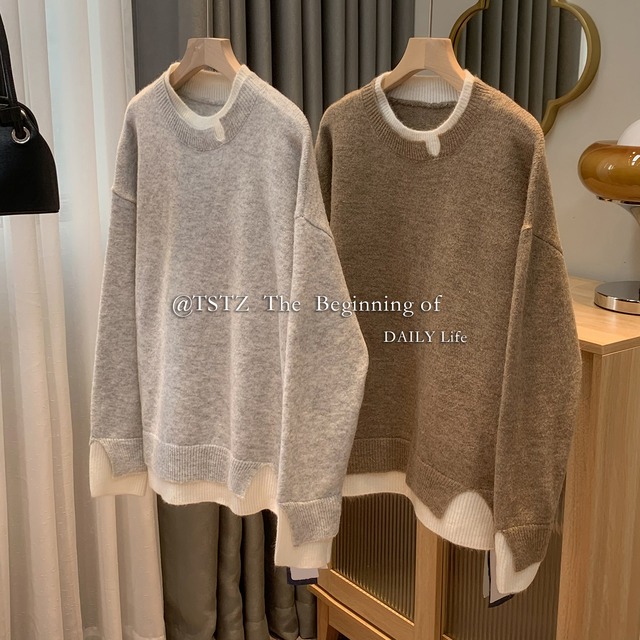 トップス セーター プルオーバー レギュラー丈 長袖 レギュラー袖 ラウンドネック ウール フェイクツーピース 可愛い シンプル カジュアル お洒落 大人 ルーズ 個性的 とろみ感 無地 秋 冬 誕生日 クリスマス バレンタイン 10代 20代 30代 40代 女性用 ママ  OL 通勤 学生 通学 デート お出かけ 女子会 お泊まり 休日 アウトドア イベント 旅行 ホテル レストラン ショッピング オールマッチ 普段使い 楽ちん 暖かい モテ ギフト 安い インスタ映え S M L ブラウン グレー