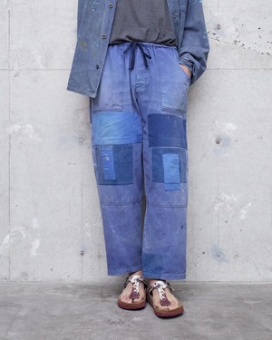 old sun faded Euro work easy pants / distressed & patchwork repair / wide fit