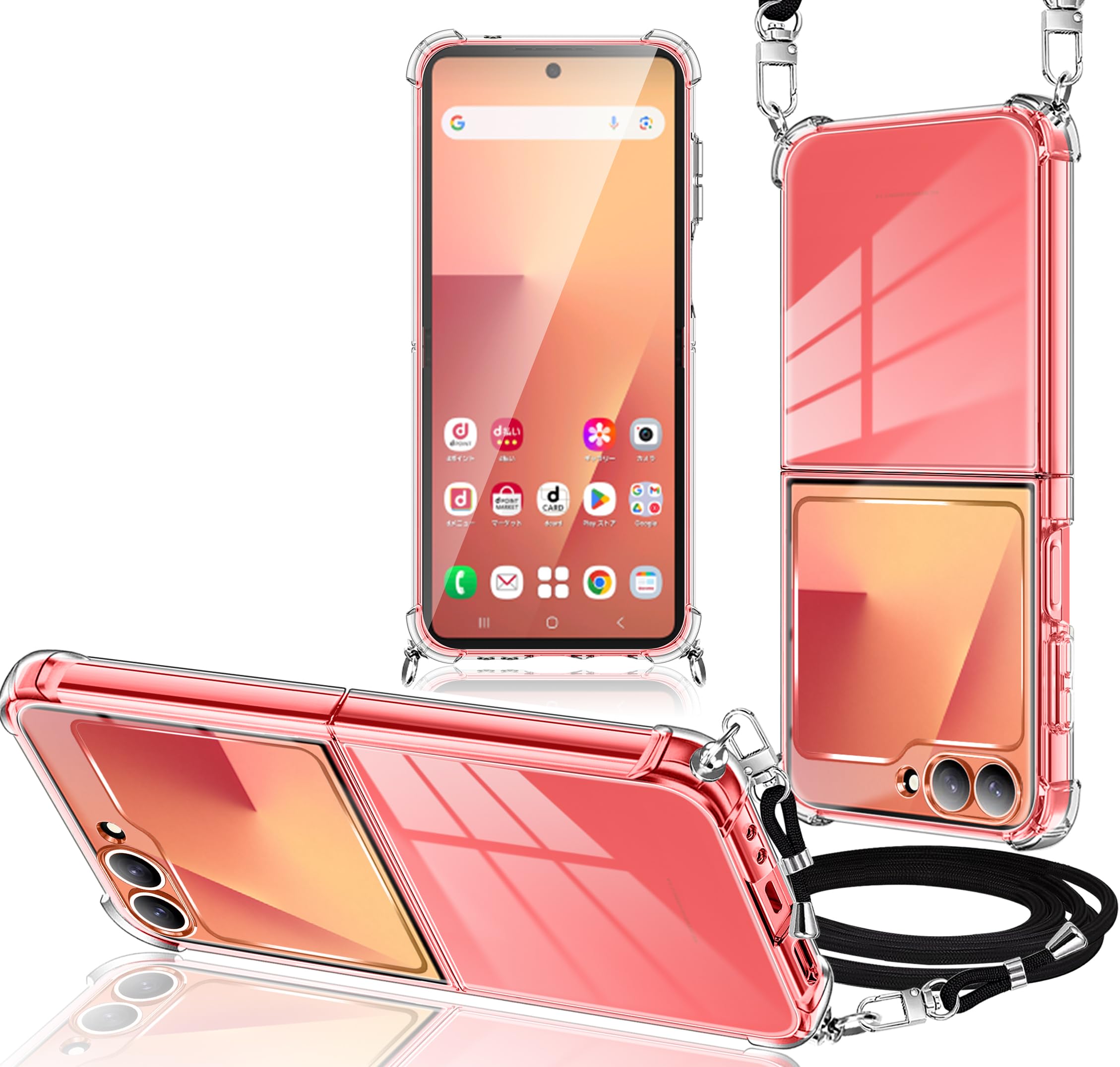 Galaxy Z Flip7 ケース クリア ストラップ付き ショルダー SC-55F スマホケース 透明 薄型 軽量 TPU ギャラクシーZ Flip7 カバー 耐衝撃 肩掛け 斜めかけ 紐付き 長さ調整可能 取り外し可能 落下防止 ワイヤレス充電対応 (クリア)