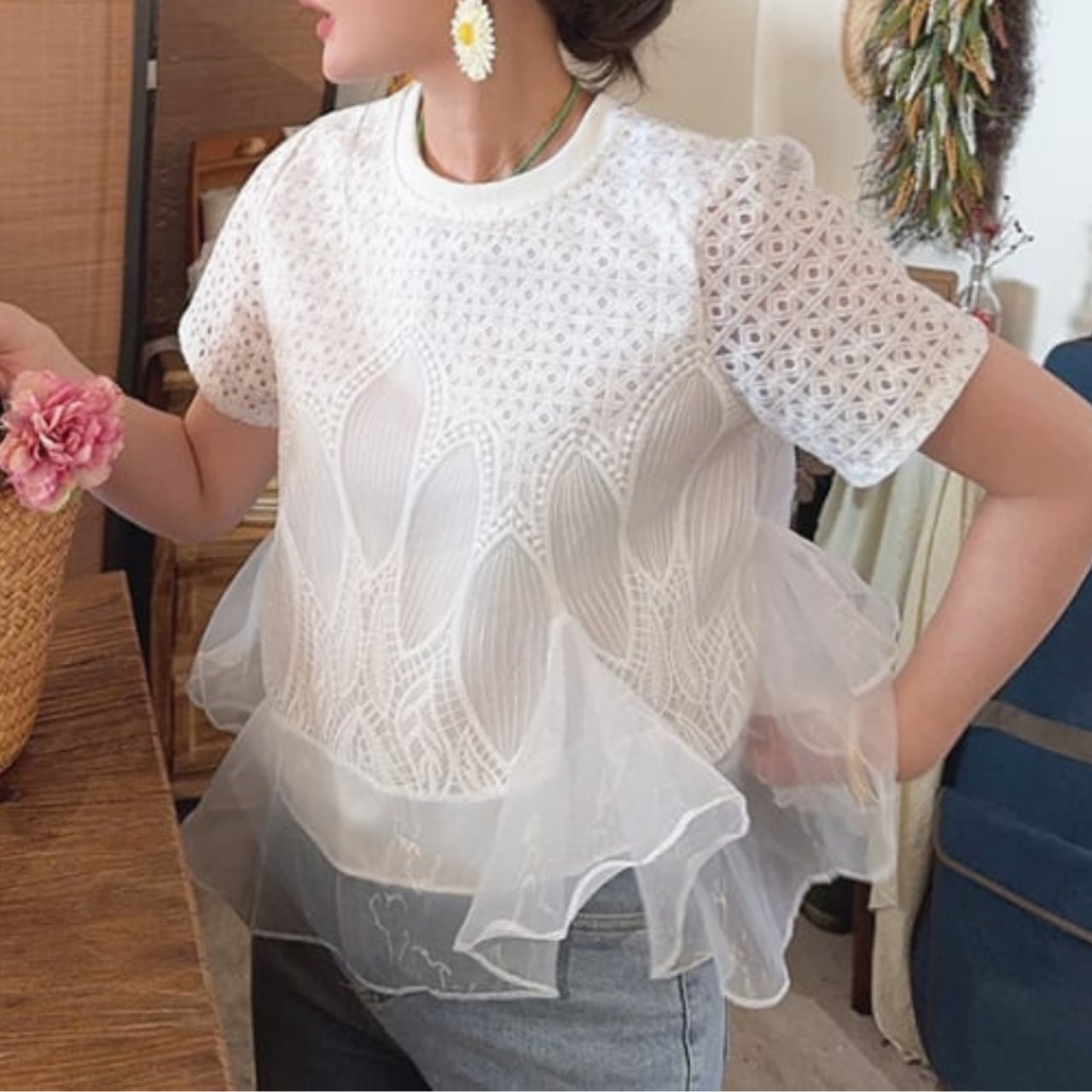 フラワー刺繍 チュールフリル レーストップス 3412912