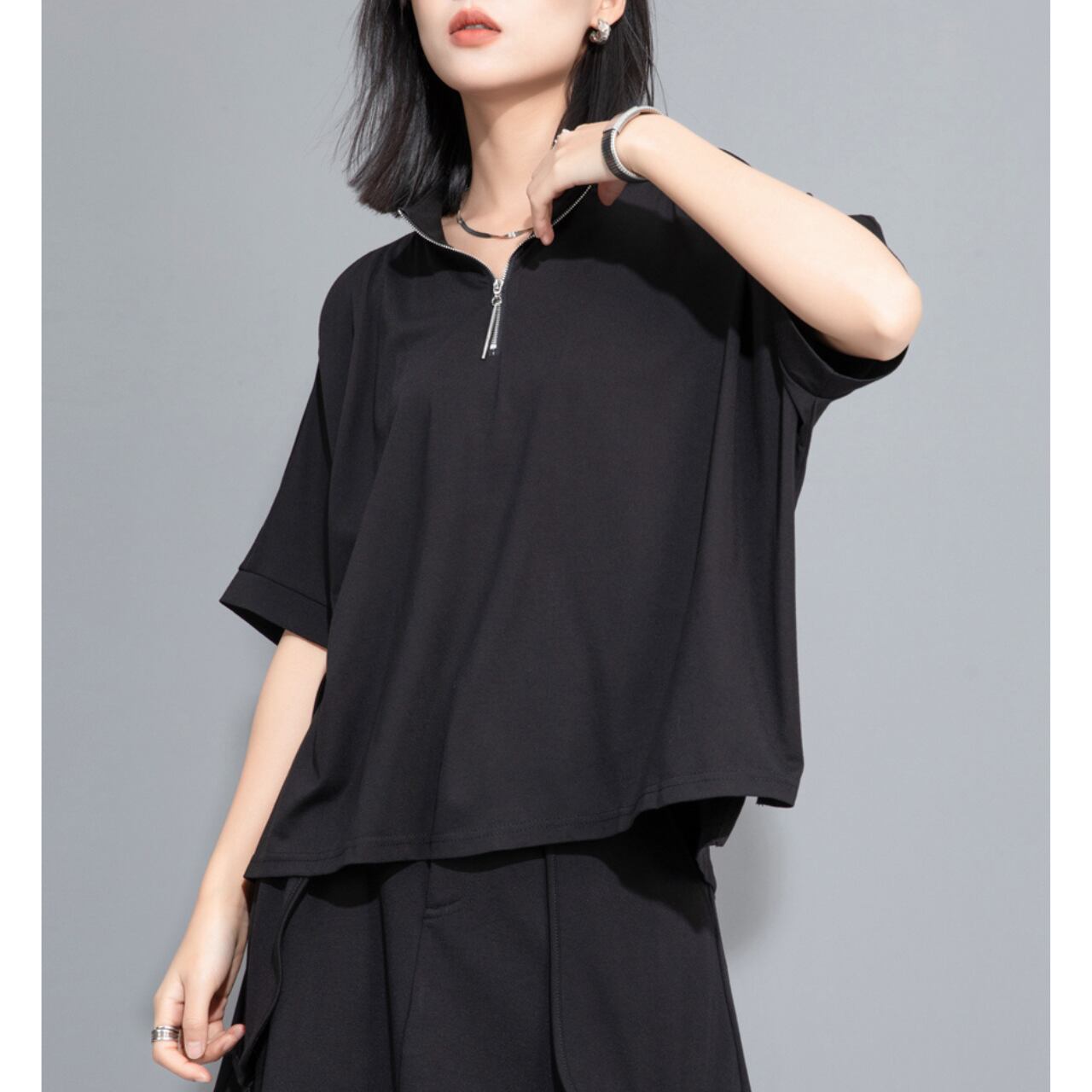 Half Zip Oversized Silhouette Short Sleeve Shirt 00137