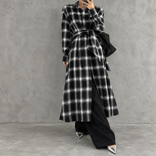 チェックロングシャツコート　0728