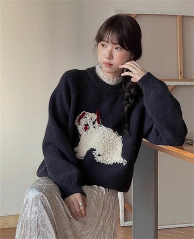 ニット セーター 長袖 レディース 秋冬 プルオーバー クルーネック 犬