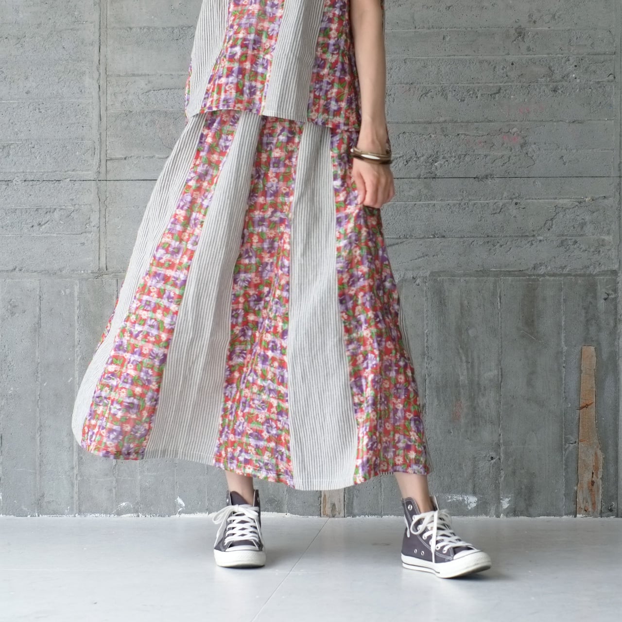 ふんわり涼しげ♪パッチワークロングスカート(23s-15)レッド