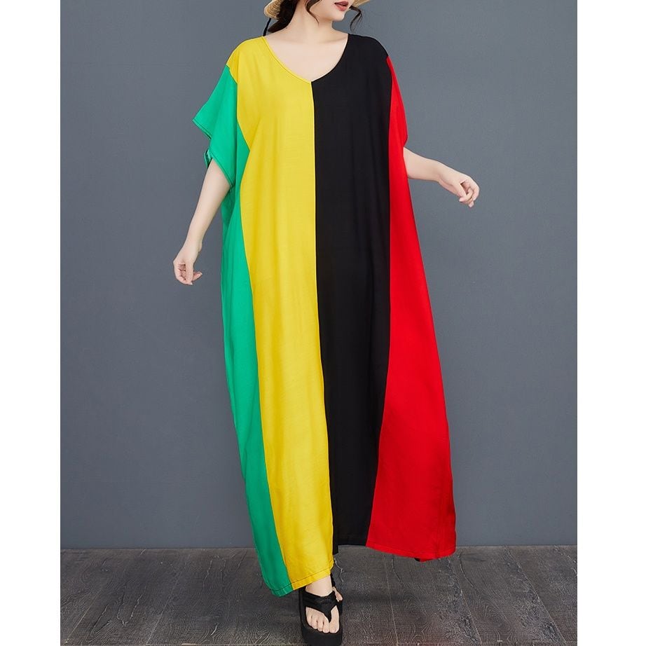 MULTI COLOR STRIPE V-NECK WIDE MAXI DRESS 1color M-13178