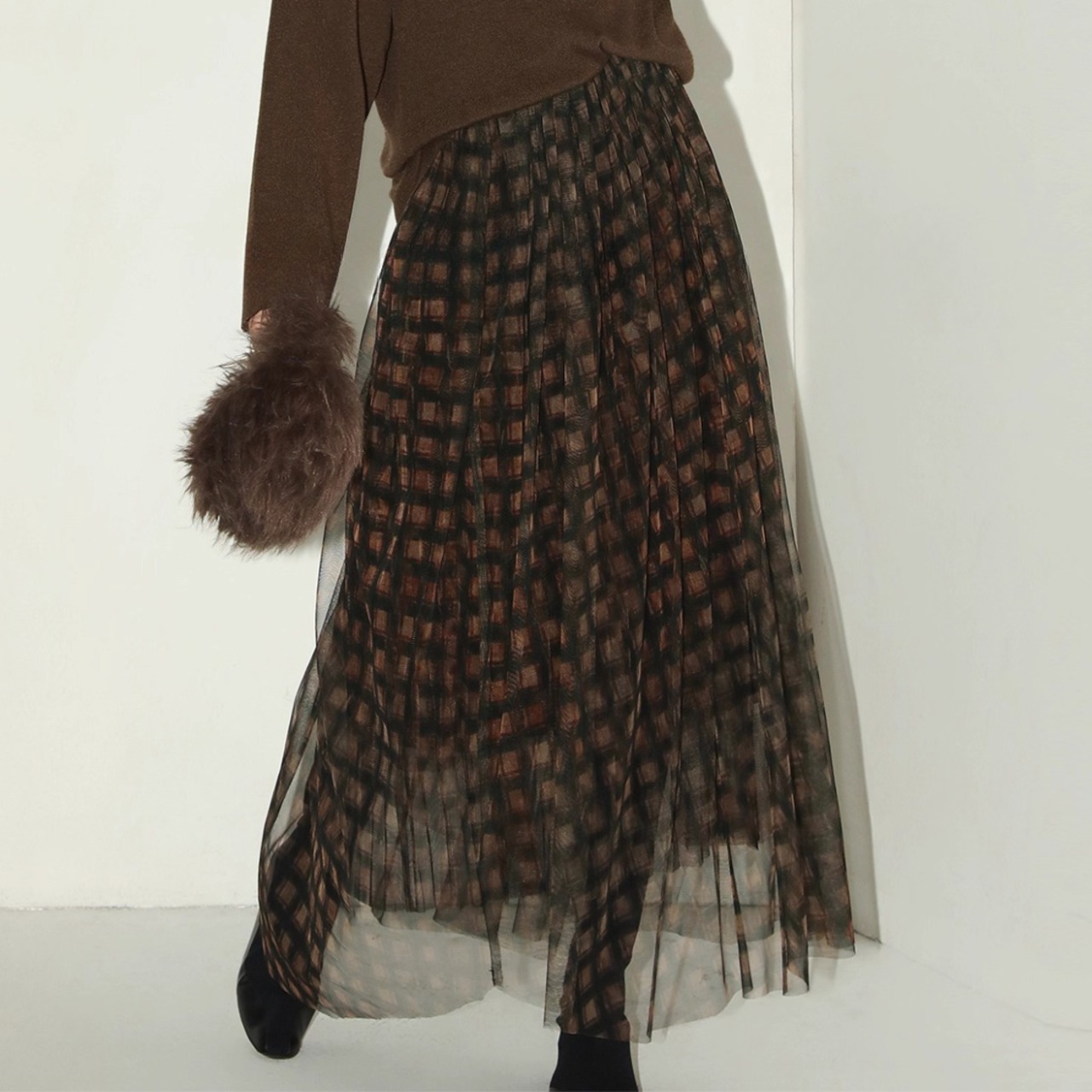 マキシ丈 ギャザー チェック柄 ロングスカート 00038・画像4