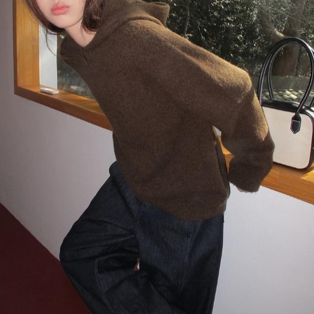 ブラウンボタンニットフーディ [am03550]