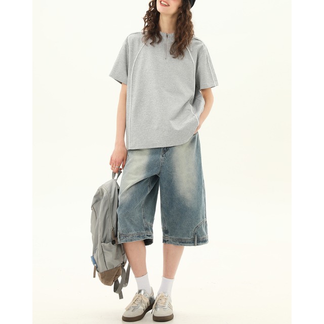 half zip line design short sleeve tee　ハーフジップラインデザイン半袖ティー　J1101