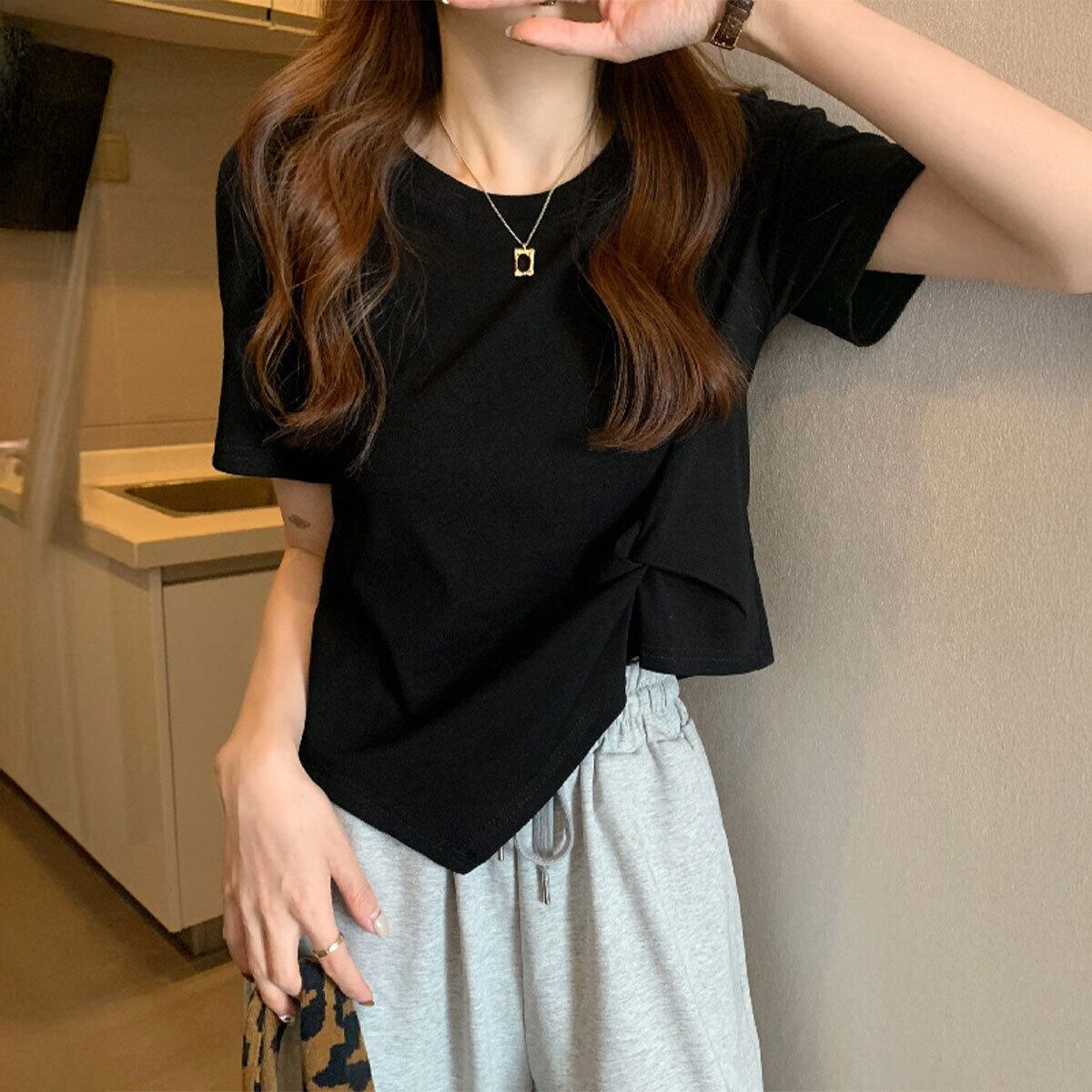アシンメトリー 半袖 Tシャツ レディース 春夏 韓国 トップス きれいめ 大人 シンプル カジュアル ウエストタック カットソー 不規則ヘム ラウンドネック ショート丈 大人可愛い 大人女子