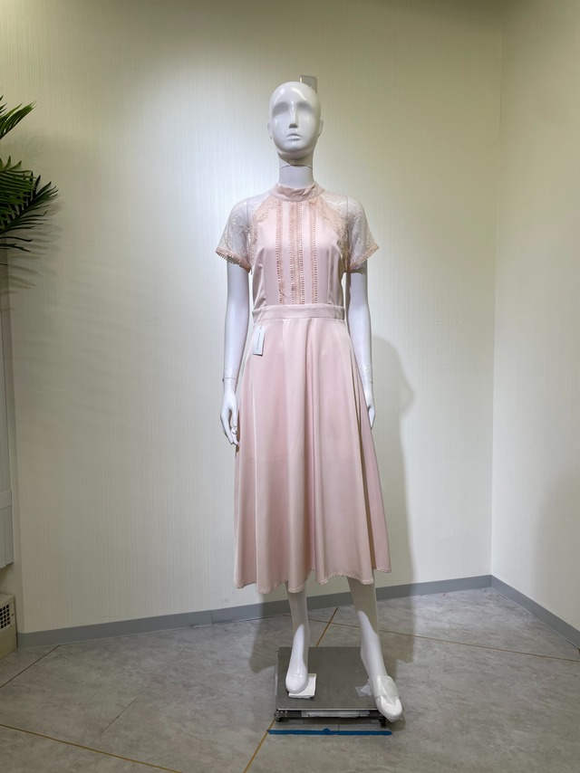 【新品DRESS 1002】レーススリーブ ハイネック ミモレ丈 フレア ミディアムドレス ミディドレス ピンク パーティードレス インポートドレス 海外ドレス【LIQUORISH】