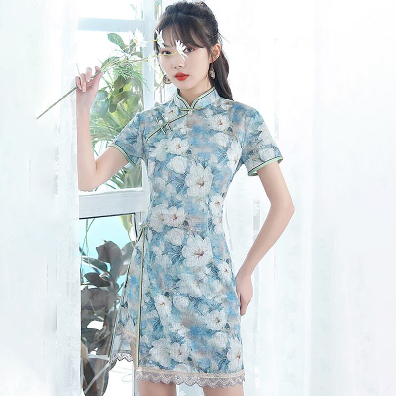 Ruyunシリーズ チャイナドレス ワンピース ショート丈 2color 文芸スタイル 可愛い 青 ブルー 結婚式 夏 Elegant