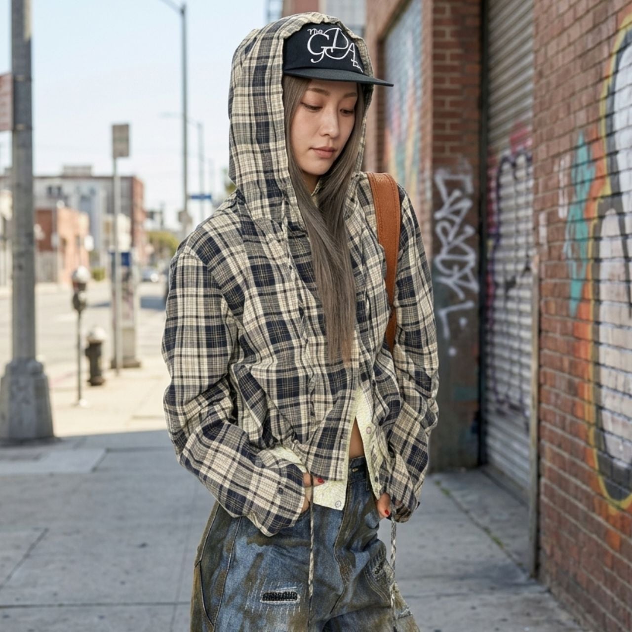 ドローストリングチェックフーディシャツジャケット 1col R02067