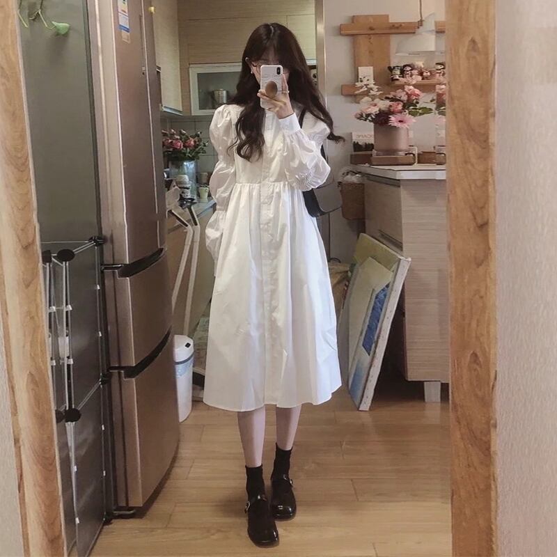 ラウンドネックワンピース 膝下 袖あり 長袖 襟なし Aライン かわいい きれいめ シンプル カジュアル おしゃれ お洒落 大人可愛い 大人女子 こなれ感 ラフ キュート ガーリー ルーズ 個性的 主役級 とろみ感 抜け感 無地 春 夏 秋 冬 オールシーズン シーズンレス 誕生日 10代 種類8：レッド/M ラウンドネックワンピース 膝下 袖あり 長袖 襟なし A