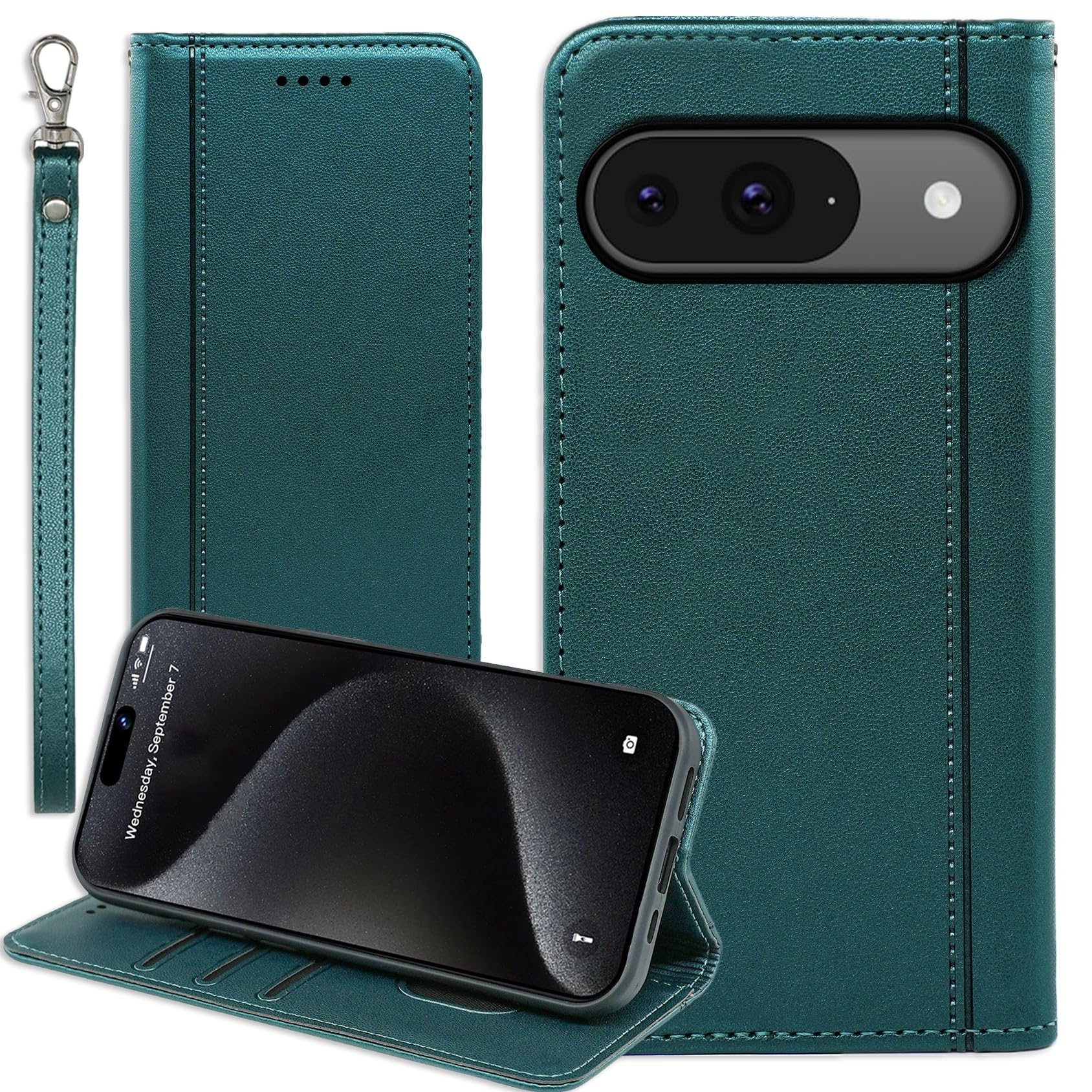 Google pixel 9 ケース pixel 9 Pro ケース 手帳型 通用 pixel9 pixel9Pro ストラップケース softbank au docomo SIMフリー グーグル ピクセル 9 ピクセル9pro 手帳ケース ピクセル9プロ pixel9 カバー pixel9 pro 適用 Cobeimisr CASE マグネット ストラップ スマホケース ダーク グリーン