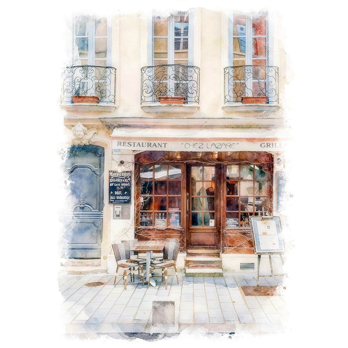 絵画 風景画(街並み) フランス ベルサイユのレストラン インテリアアート額付き 水彩画・油絵風 WAT0920